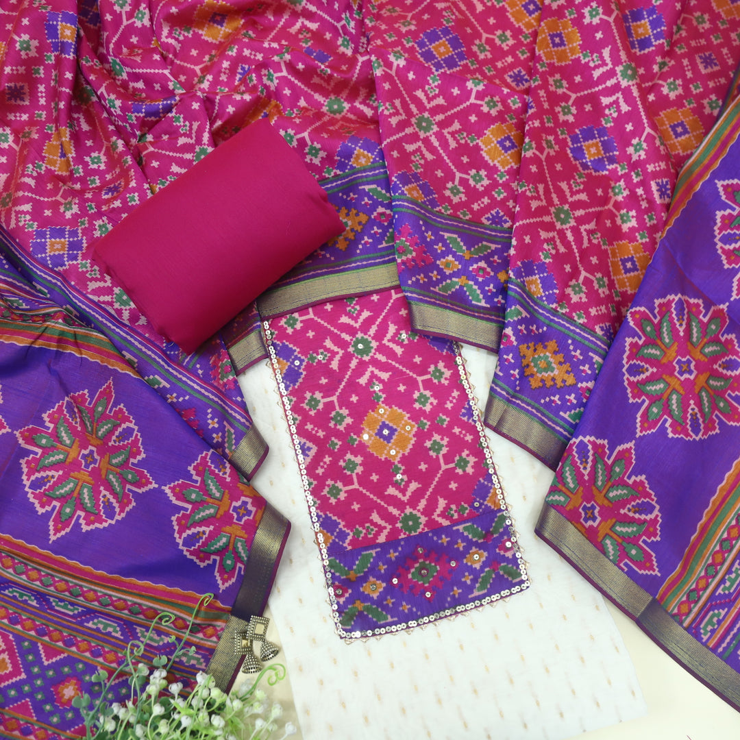 Amritsari Beige with Magenta Purple Patola Patch Work Neck Chanderi Suit Set