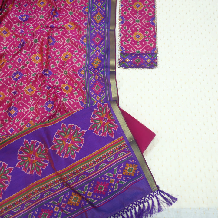 Amritsari Beige with Magenta Purple Patola Patch Work Neck Chanderi Suit Set