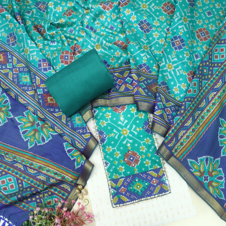 Amritsari Beige with Teal Blue Patola Patch Work Neck Chanderi Suit Set