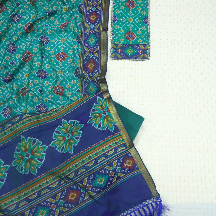 Amritsari Beige with Teal Blue Patola Patch Work Neck Chanderi Suit Set