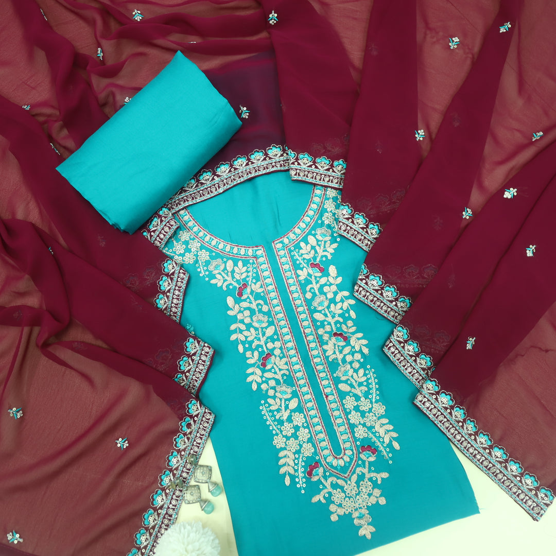 Hawayein Turquoise Blue Pita Zari Embroidery Neck Modal Suit Set