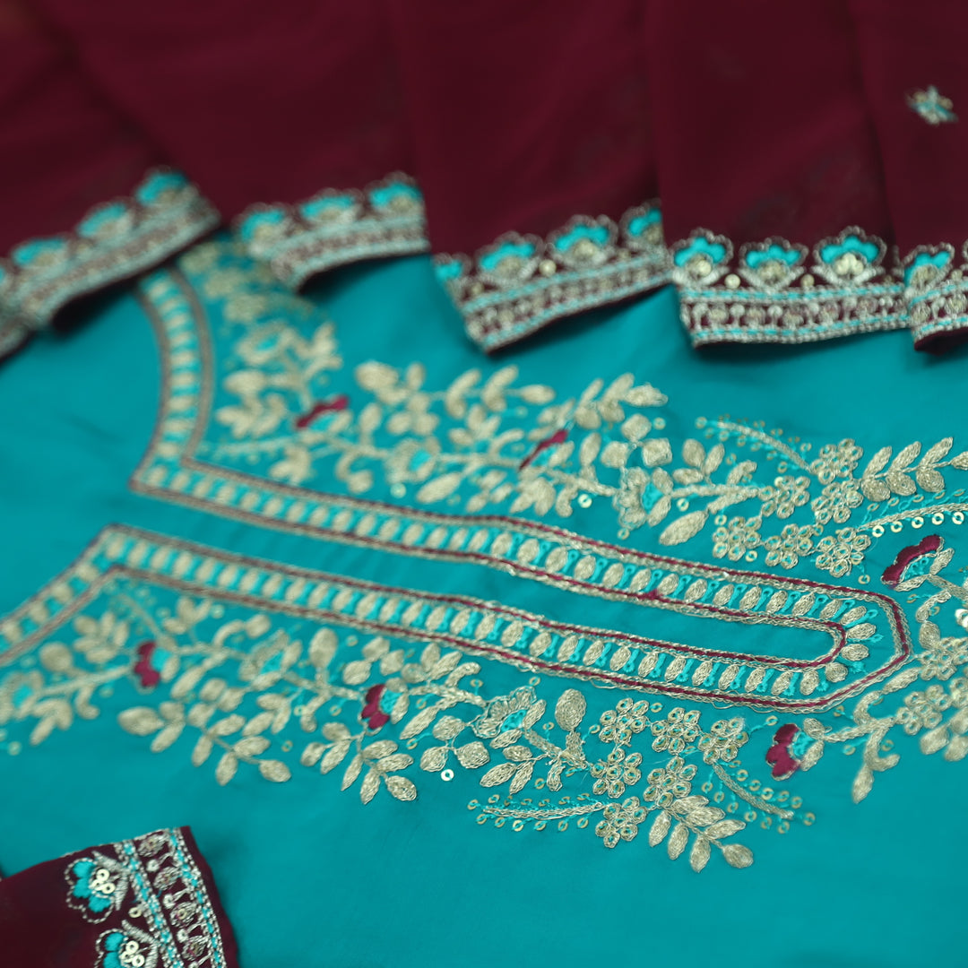 Hawayein Turquoise Blue Pita Zari Embroidery Neck Modal Suit Set