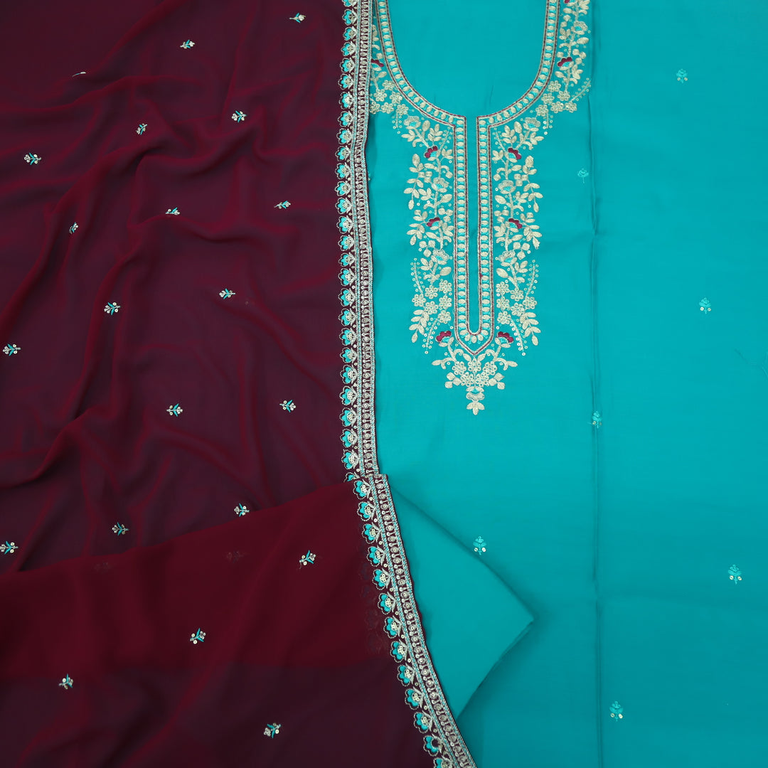 Hawayein Turquoise Blue Pita Zari Embroidery Neck Modal Suit Set