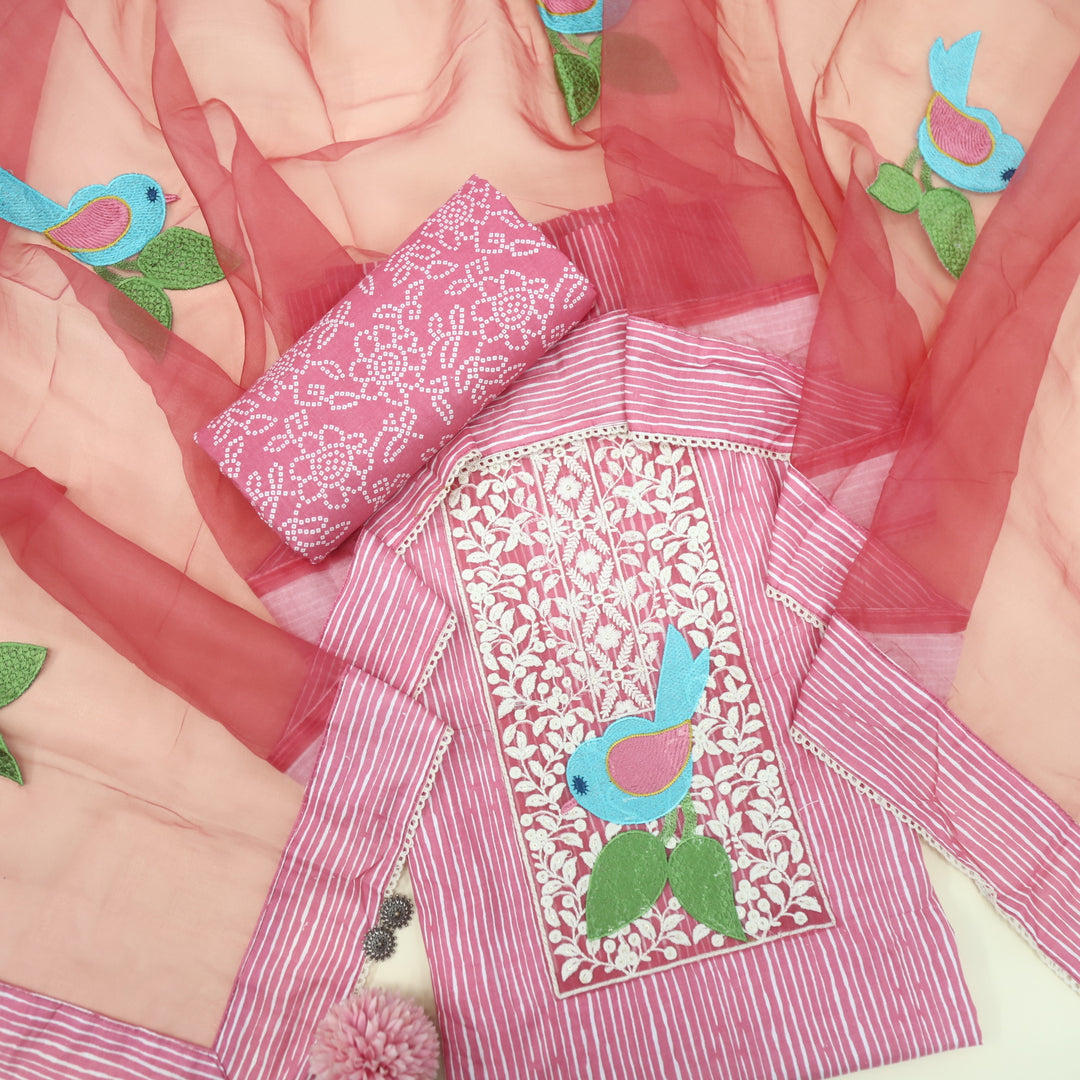 Paaksh Bright Pink Lace Patch Work Printed Cotton Suit Set