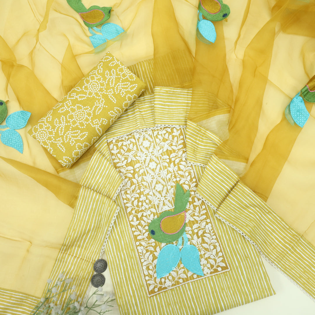 Paaksh Custard Yellow Lace Patch Work Printed Cotton Suit Set