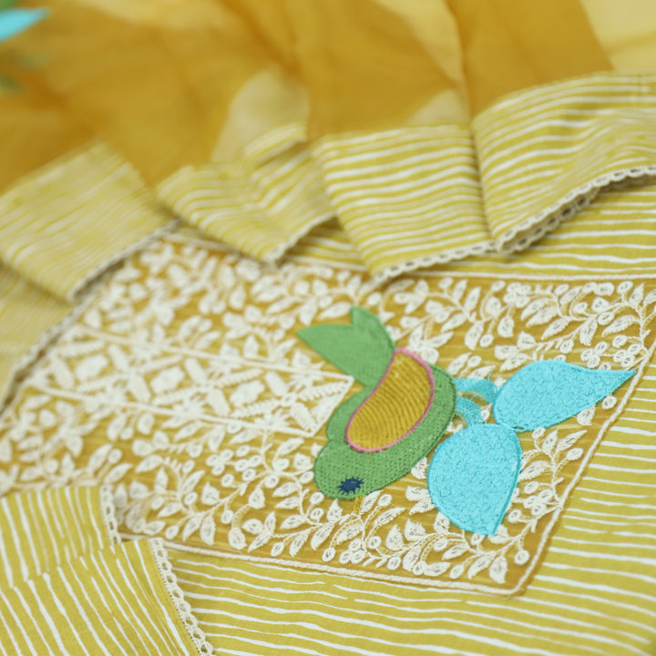 Paaksh Custard Yellow Lace Patch Work Printed Cotton Suit Set