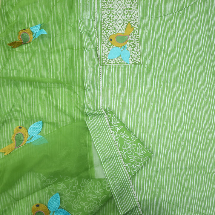 Paaksh Parrot Green Lace Patch Work Printed Cotton Suit Set