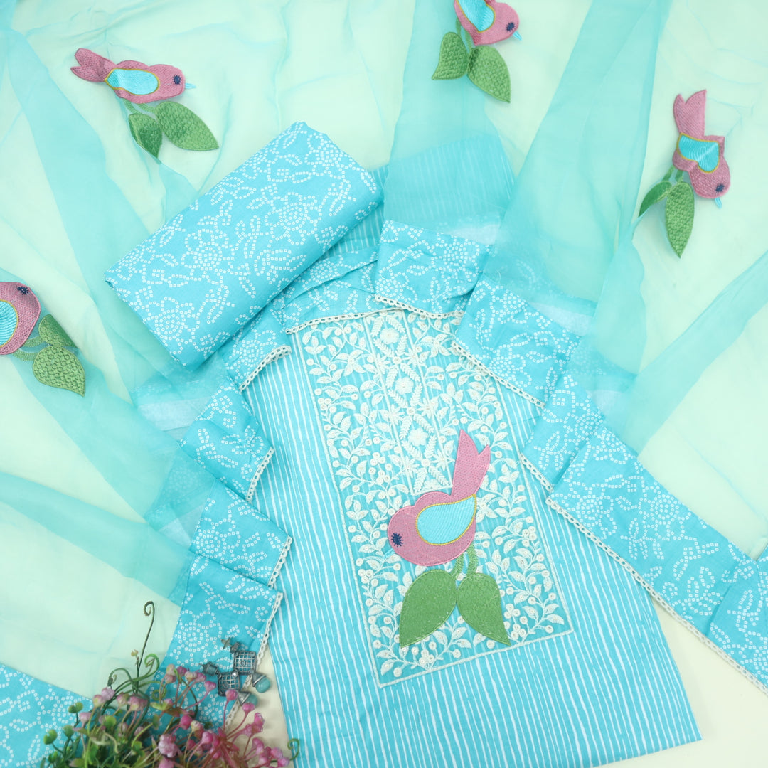 Paaksh Sky Blue Lace Patch Work Printed Cotton Suit Set