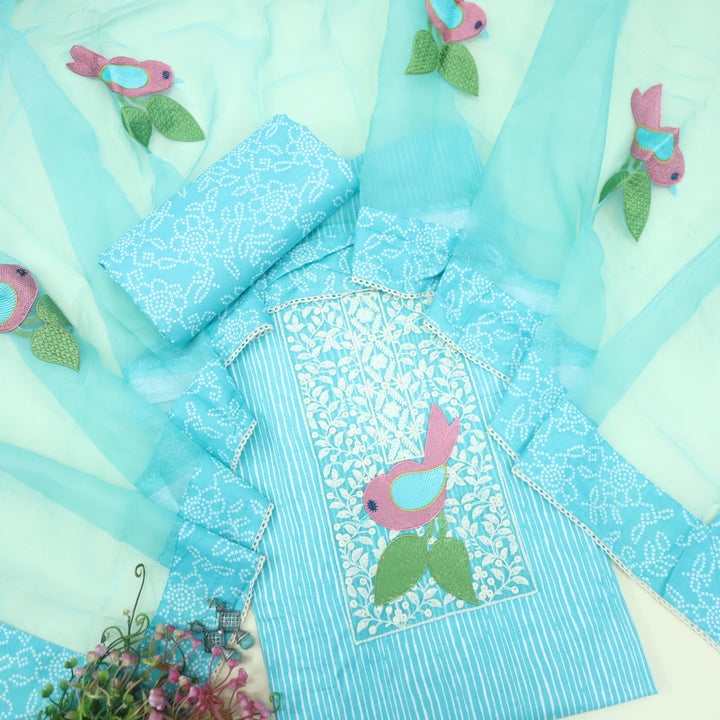 Paaksh Sky Blue Lace Patch Work Printed Cotton Suit Set