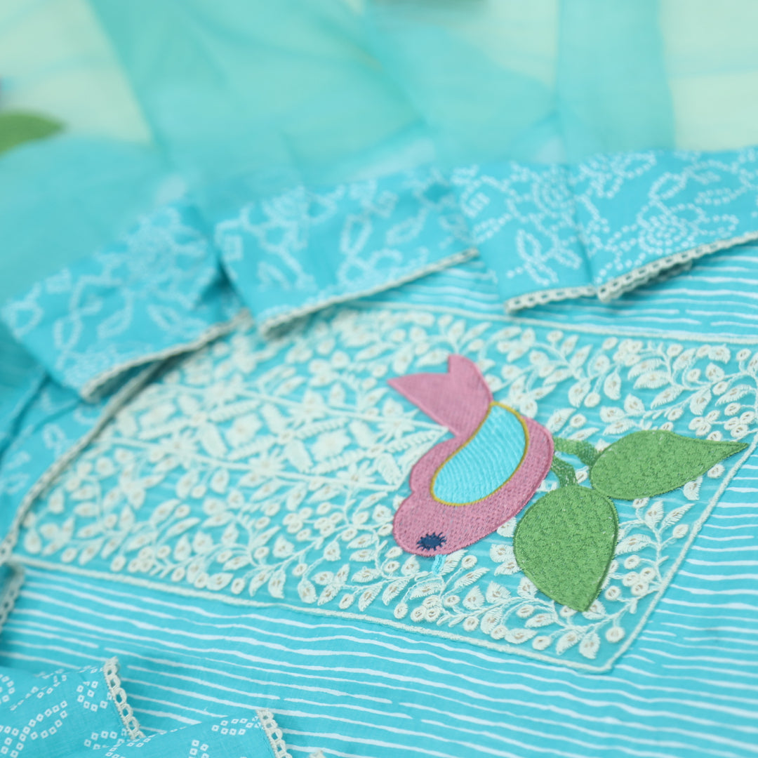 Paaksh Sky Blue Lace Patch Work Printed Cotton Suit Set