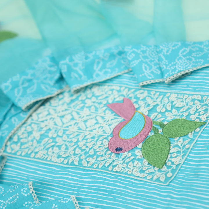 Paaksh Sky Blue Lace Patch Work Printed Cotton Suit Set
