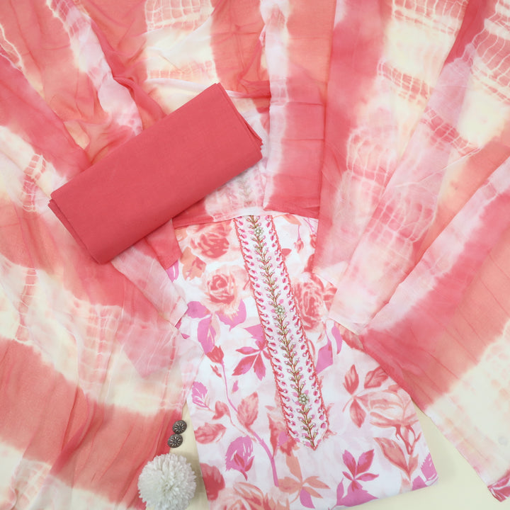 Naseeb White with Pink Floral Print Kardana with Moti Work Cotton Suit Set