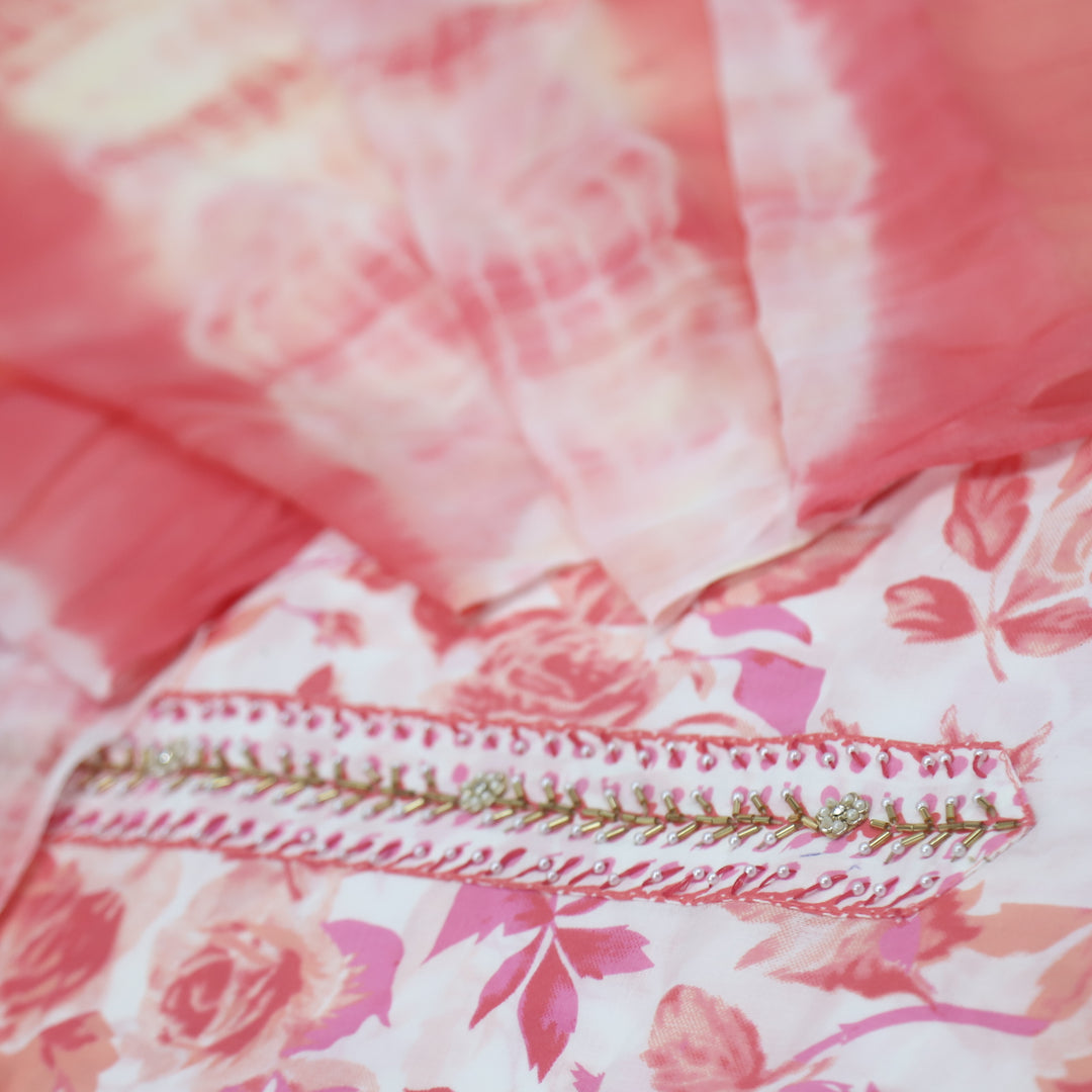 Naseeb White with Pink Floral Print Kardana with Moti Work Cotton Suit Set