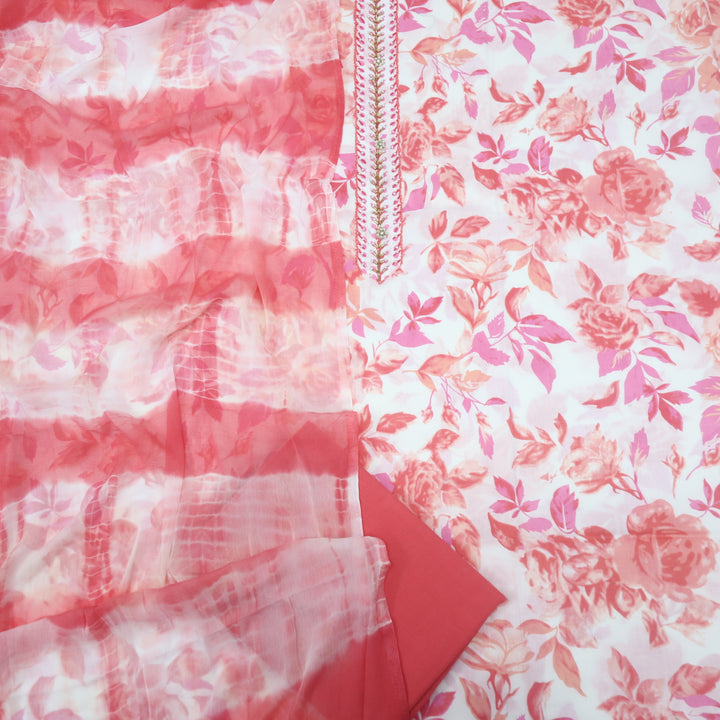 Naseeb White with Pink Floral Print Kardana with Moti Work Cotton Suit Set