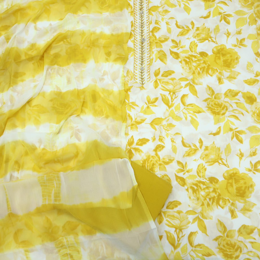 Naseeb White with Yellow Floral Print Kardana with Moti Work Cotton Suit Set