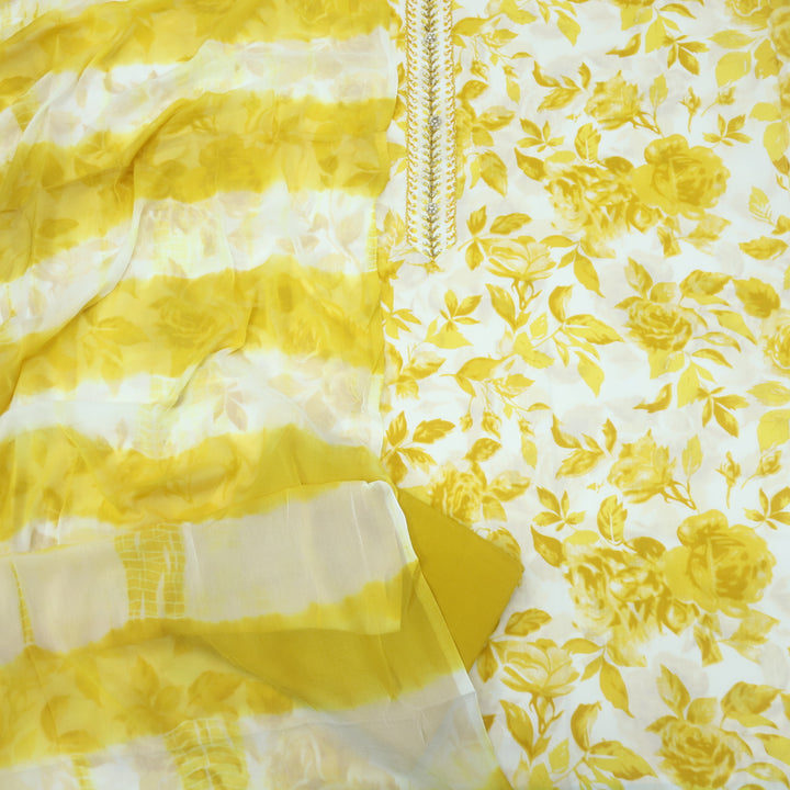 Naseeb White with Yellow Floral Print Kardana with Moti Work Cotton Suit Set