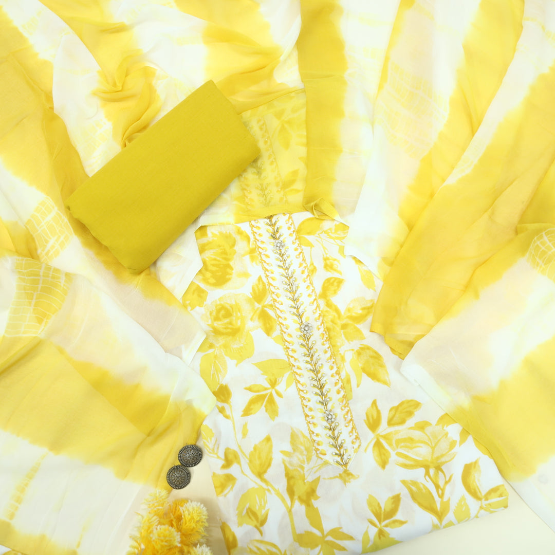Naseeb White with Yellow Floral Print Kardana with Moti Work Cotton Suit Set