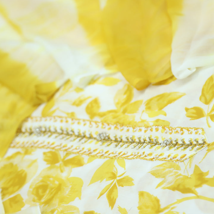 Naseeb White with Yellow Floral Print Kardana with Moti Work Cotton Suit Set