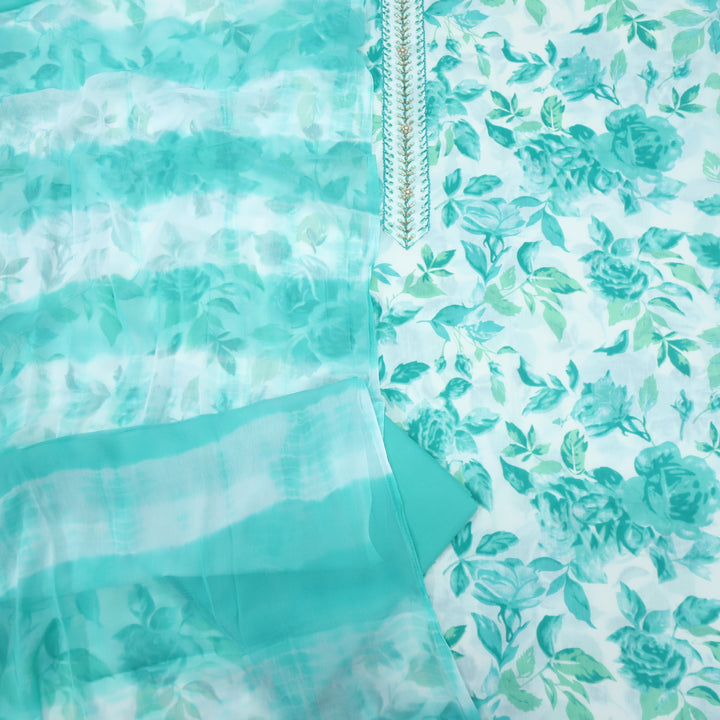 Naseeb White with Blue Floral Print Kardana with Moti Work Cotton Suit Set