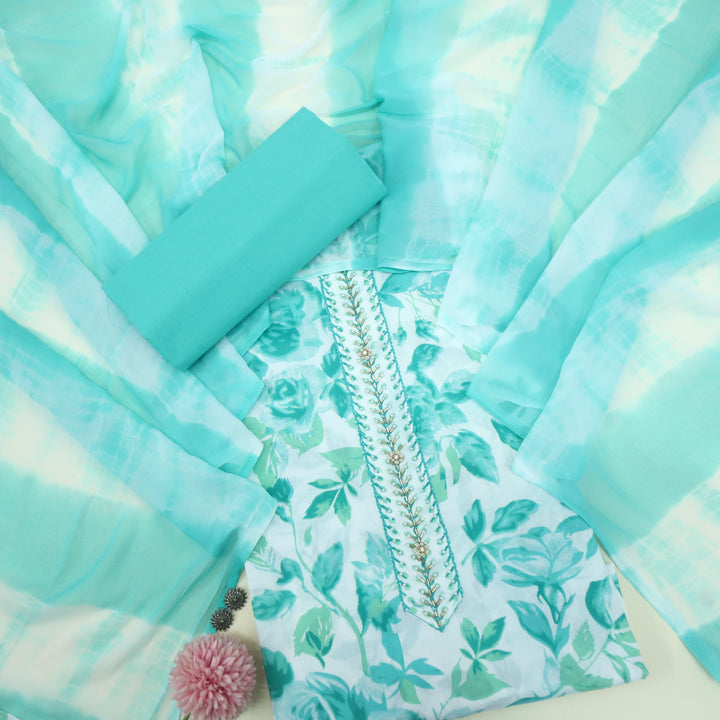 Naseeb White with Blue Floral Print Kardana with Moti Work Cotton Suit Set
