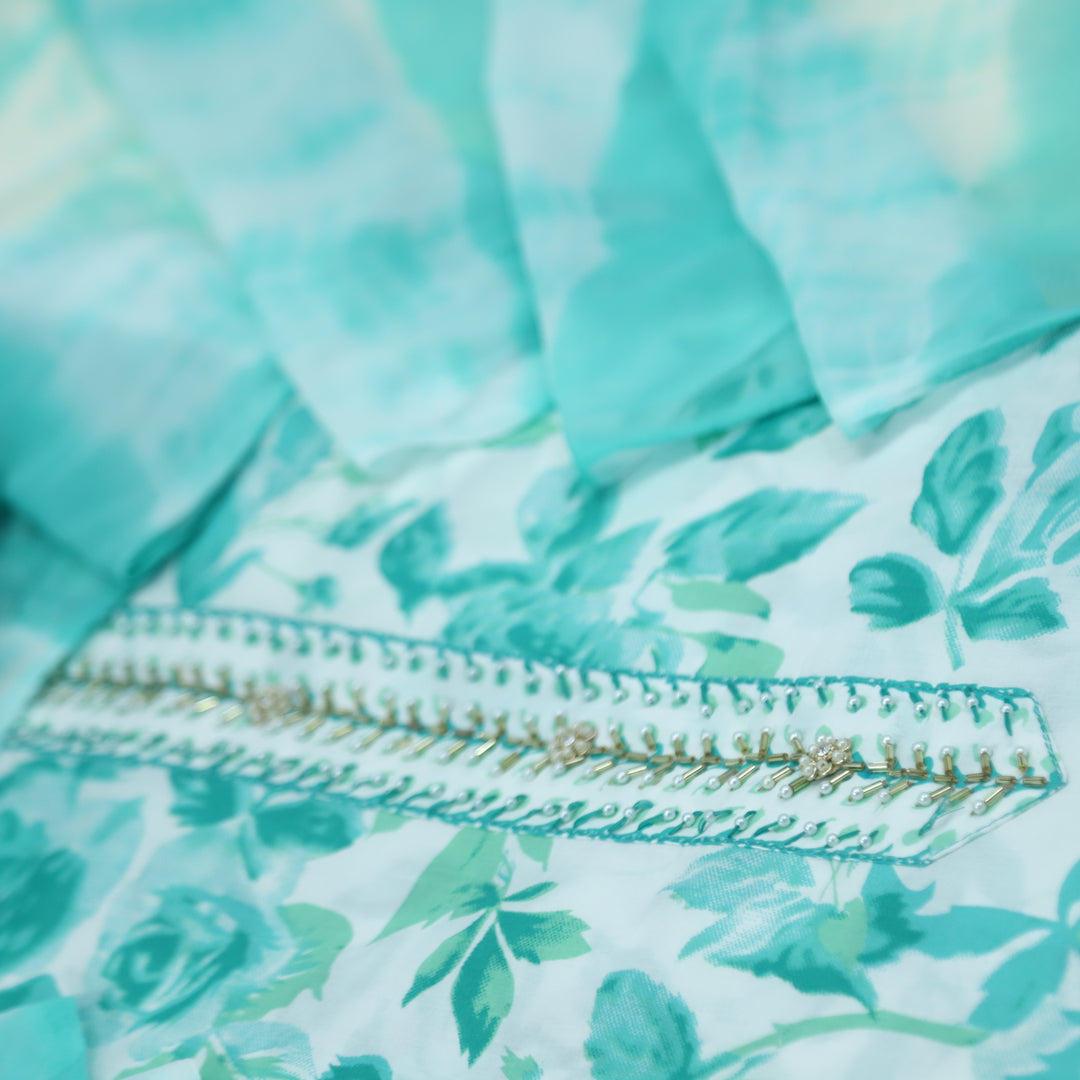 Naseeb White with Blue Floral Print Kardana with Moti Work Cotton Suit Set