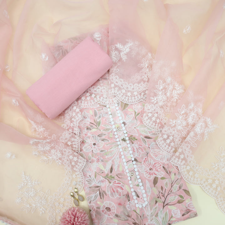 Dildara Baby Pink Button with Lace Work Floral Print Cotton Suit Set