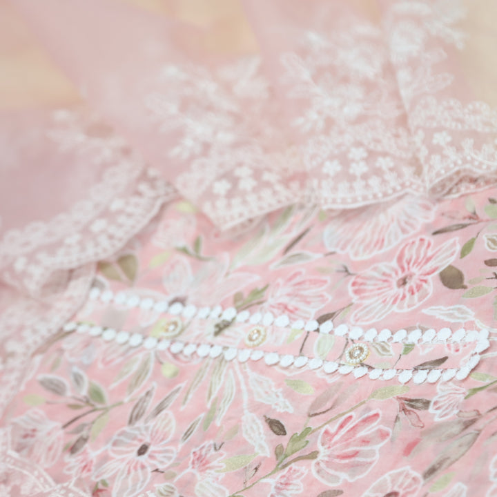 Dildara Baby Pink Button with Lace Work Floral Print Cotton Suit Set