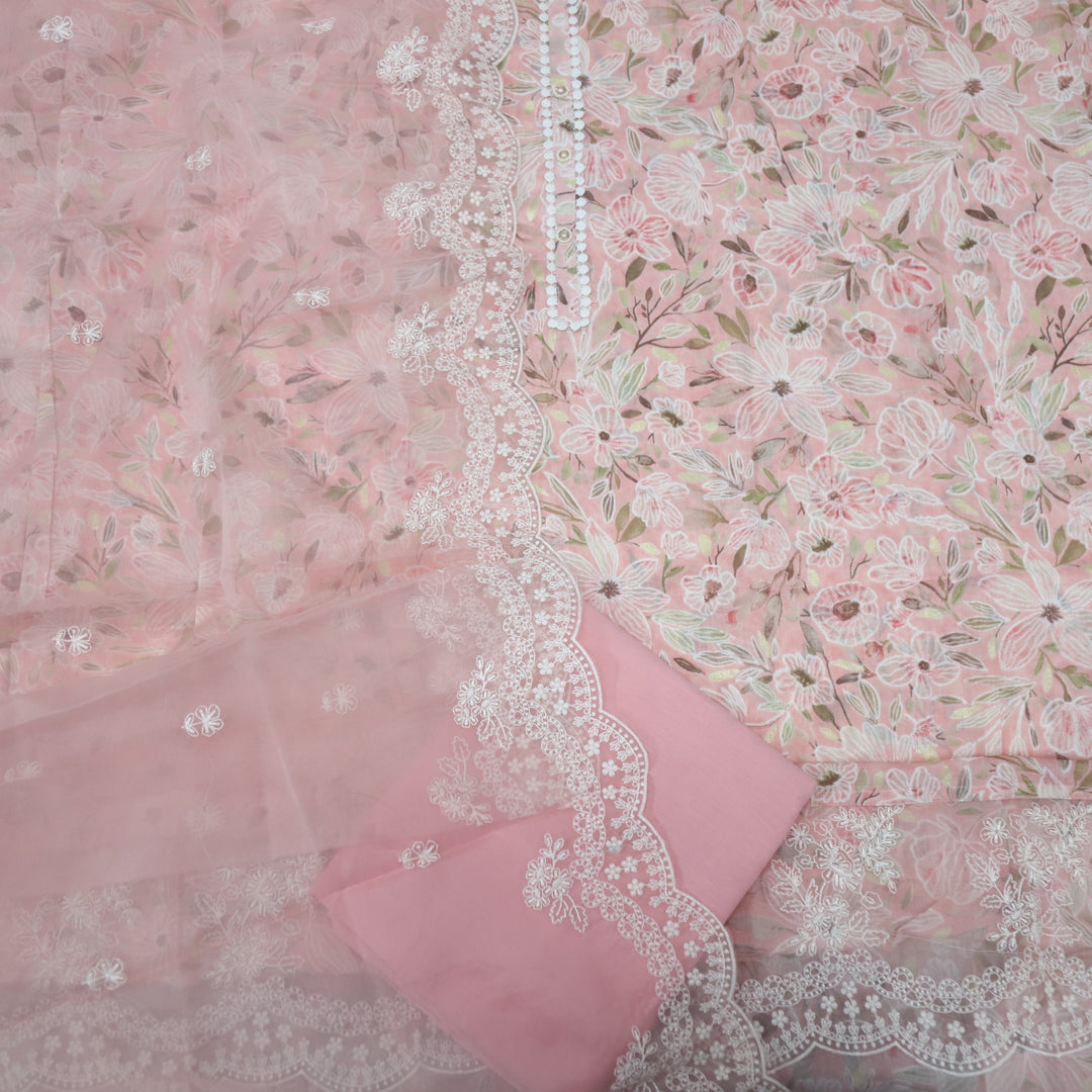Dildara Baby Pink Button with Lace Work Floral Print Cotton Suit Set