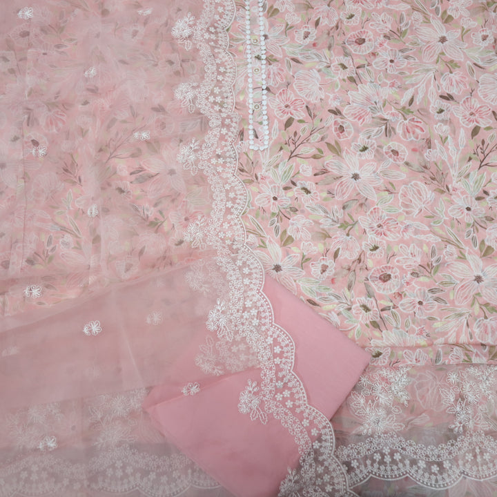 Dildara Baby Pink Button with Lace Work Floral Print Cotton Suit Set