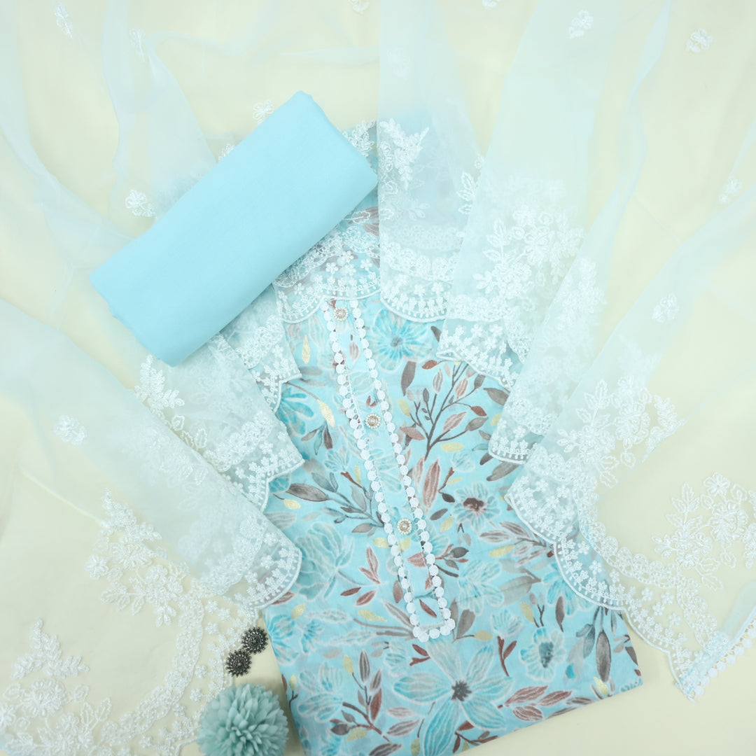 Dildara Baby Blue Button with Lace Work Floral Print Cotton Suit Set