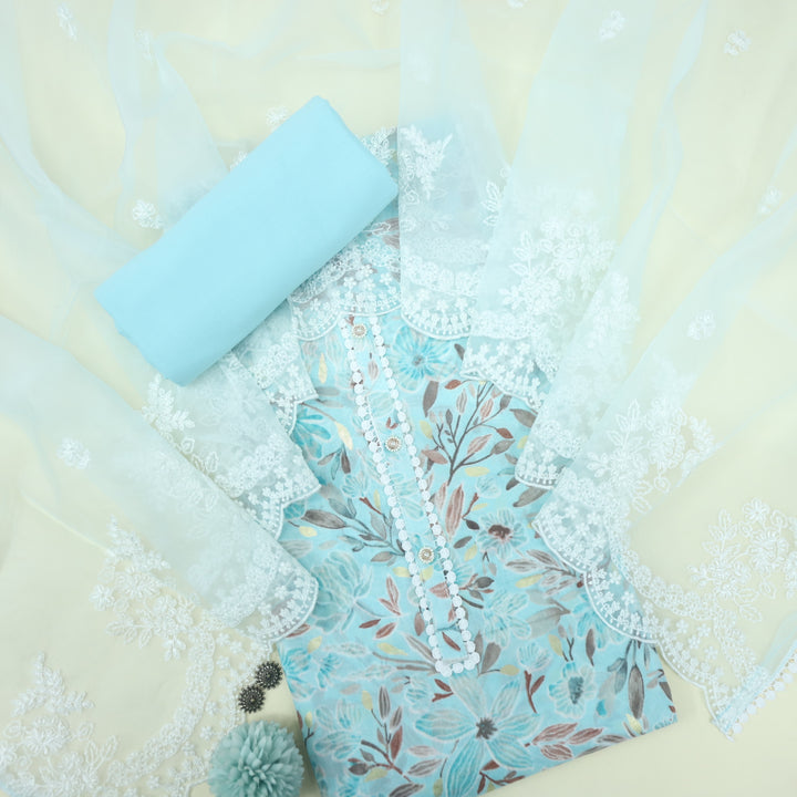Dildara Baby Blue Button with Lace Work Floral Print Cotton Suit Set