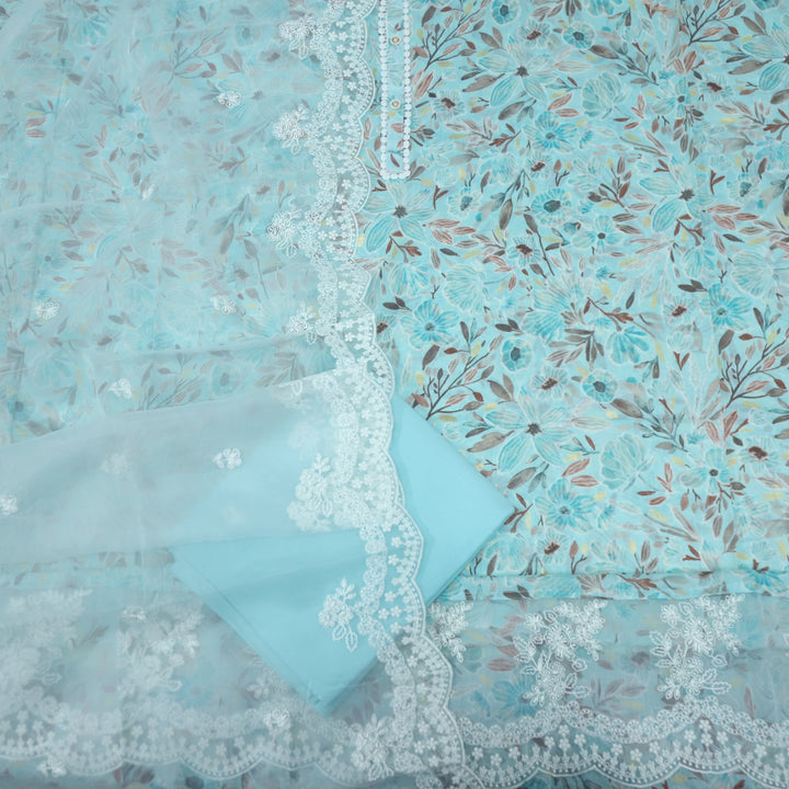 Dildara Baby Blue Button with Lace Work Floral Print Cotton Suit Set