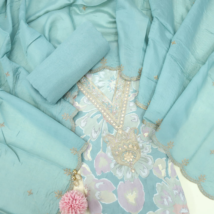 Adaakari Pastel Blue Zari Embellish Neck Work Floral Print Muslin Suit Set