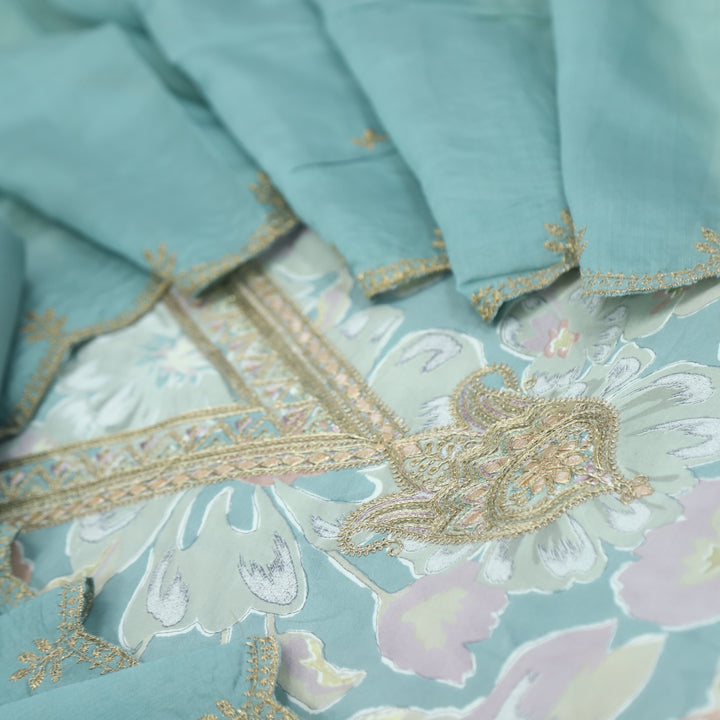 Adaakari Pastel Blue Zari Embellish Neck Work Floral Print Muslin Suit Set