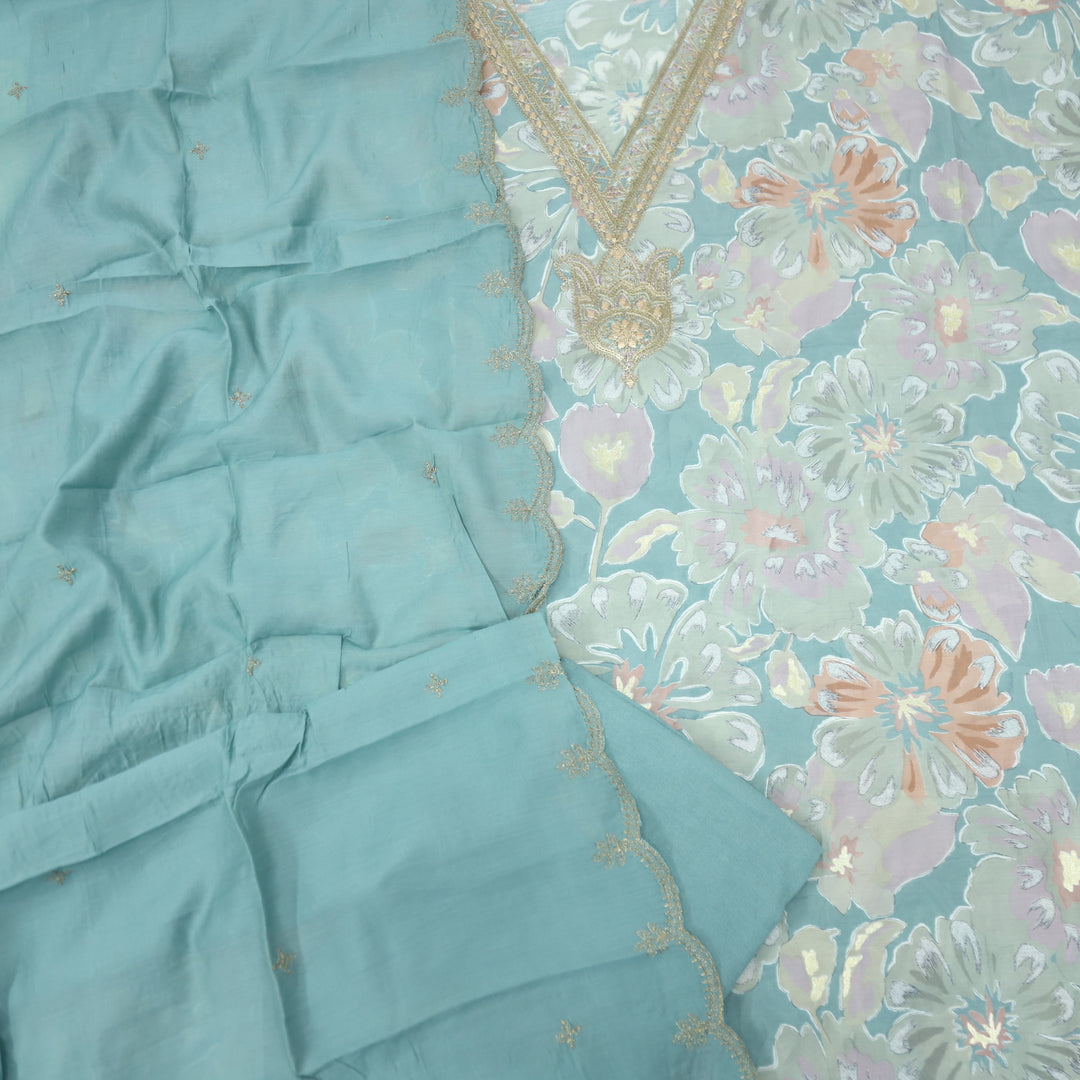 Adaakari Pastel Blue Zari Embellish Neck Work Floral Print Muslin Suit Set