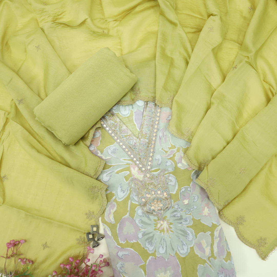 Adaakari Butter Yellow Zari Embellish Neck Work Floral Print Muslin Suit Set
