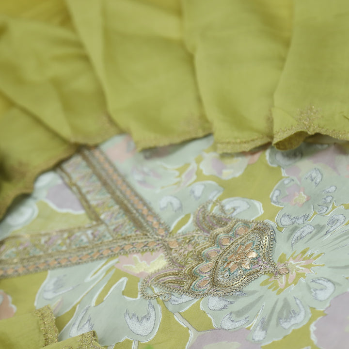 Adaakari Butter Yellow Zari Embellish Neck Work Floral Print Muslin Suit Set