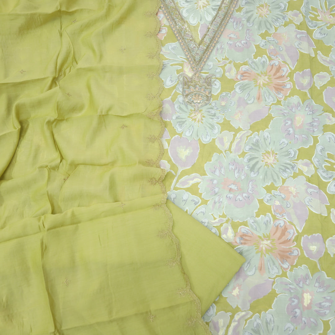 Adaakari Butter Yellow Zari Embellish Neck Work Floral Print Muslin Suit Set