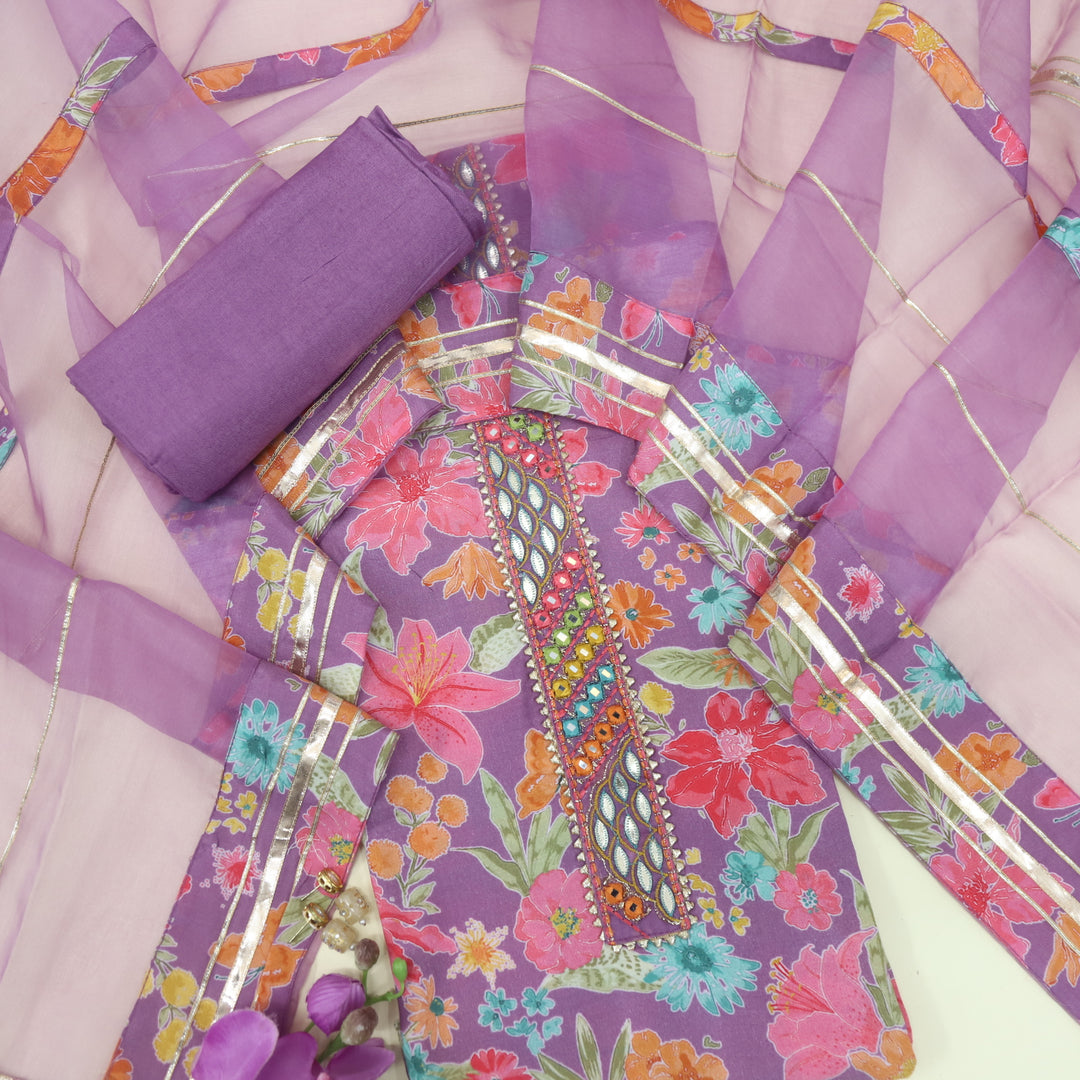 Adaakari Peri Purple Embellished Neck Floral Print Muslin  Suit Set