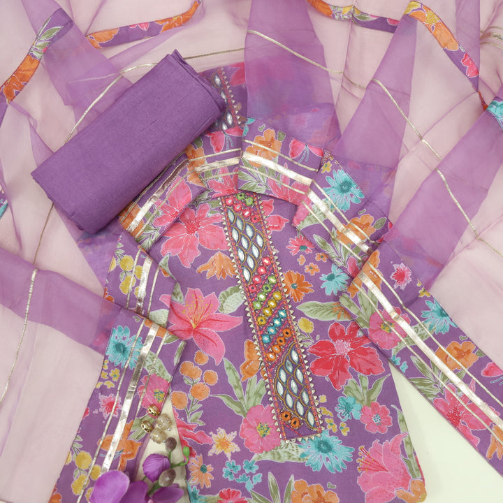 Adaakari Peri Purple Embellished Neck Floral Print Muslin  Suit Set