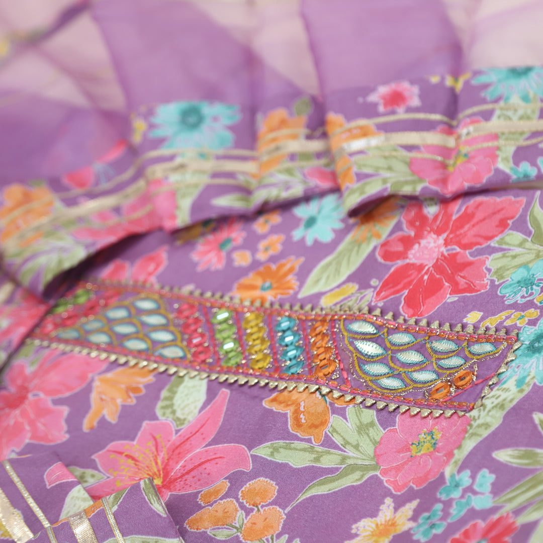 Adaakari Peri Purple Embellished Neck Floral Print Muslin  Suit Set