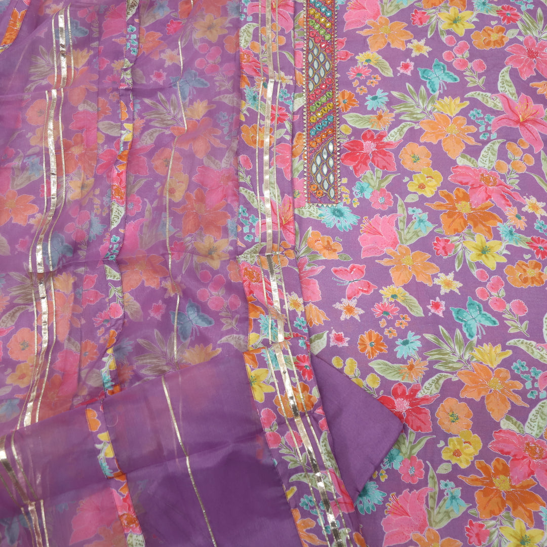 Adaakari Peri Purple Embellished Neck Floral Print Muslin  Suit Set