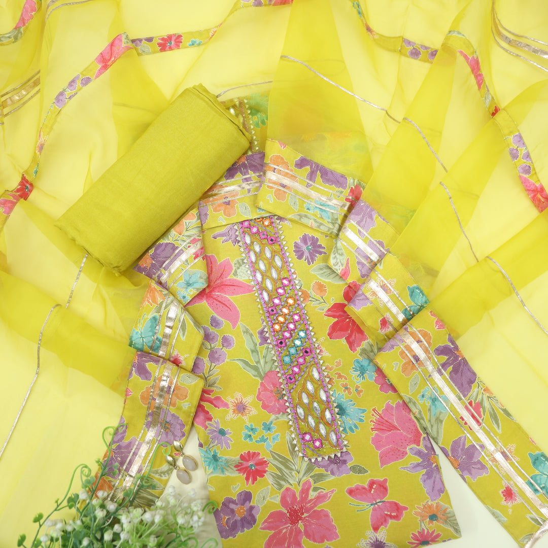 Adaakari Canary Yellow Embellished Neck Floral Print Muslin Suit Set