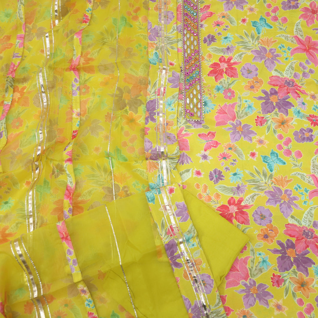 Adaakari Canary Yellow Embellished Neck Floral Print Muslin Suit Set