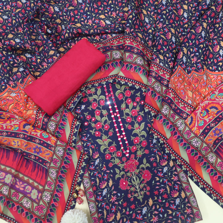 Adaakari Orchid Purple Mirror Neck with Zari Floral Print Pakistani Muslin Suit Set