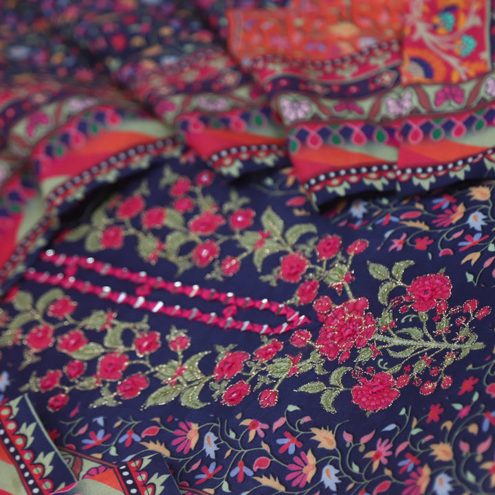 Adaakari Orchid Purple Mirror Neck with Zari Floral Print Pakistani Muslin Suit Set