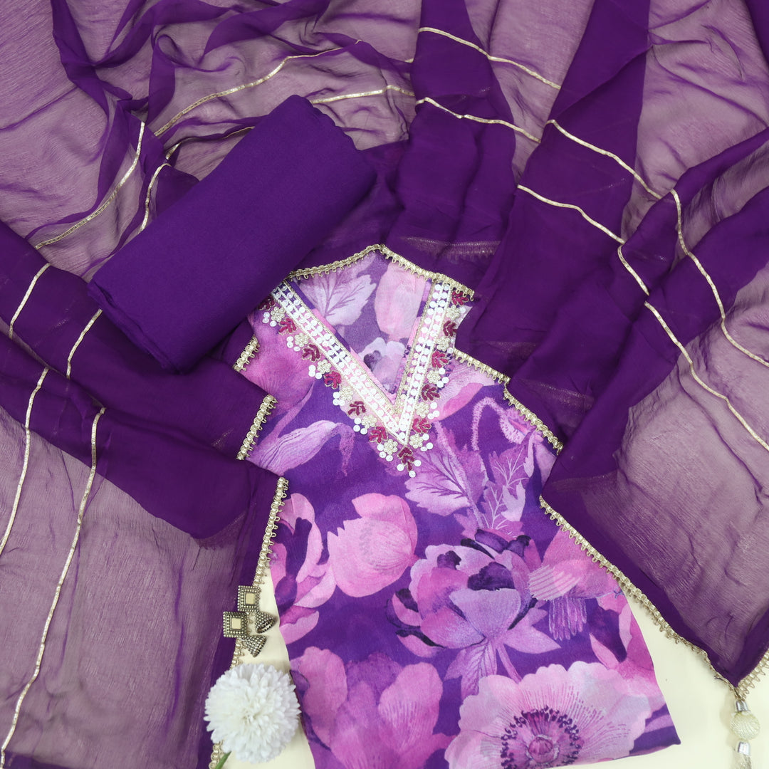 Adaakari Orchid Purple V Neck Moti Work Floral Print Chinon Suit Set