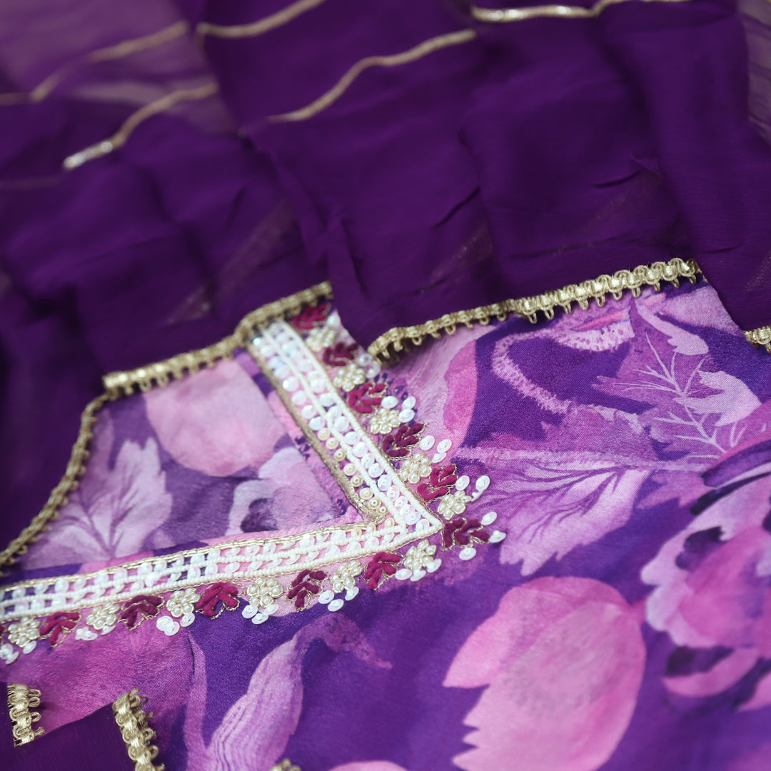 Adaakari Orchid Purple V Neck Moti Work Floral Print Chinon Suit Set