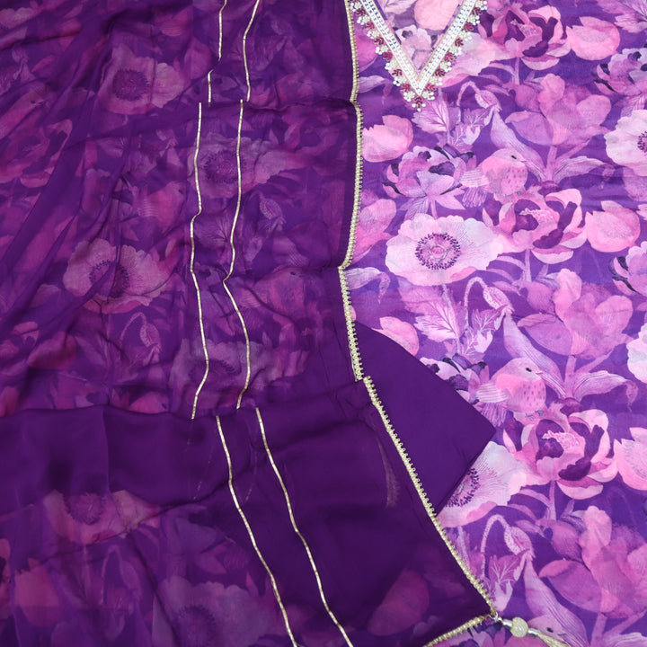 Adaakari Orchid Purple V Neck Moti Work Floral Print Chinon Suit Set