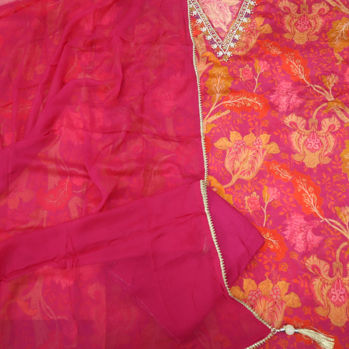 Adaakari Ruby Pink V Neck Moti Work Floral Print Chinon Suit Set